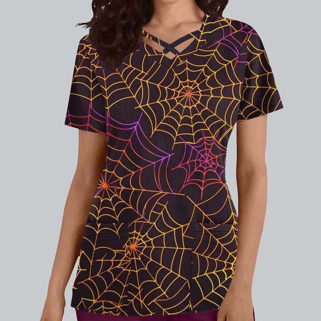 Fiudx Ofertas Flash Artículos En Oferta Top de Lactancia con Bolsillo y Cuello En V de Manga Corta con Estampado de Halloween para Mujer