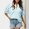 thumbnail image 5 of ORT Women's Summer Tops Dressy Casual Short Sleeve V Neck Buttons Hollow Out Lace Embroidered Blouses Shirts(Z2-Light Blue,XL), 5 of 7