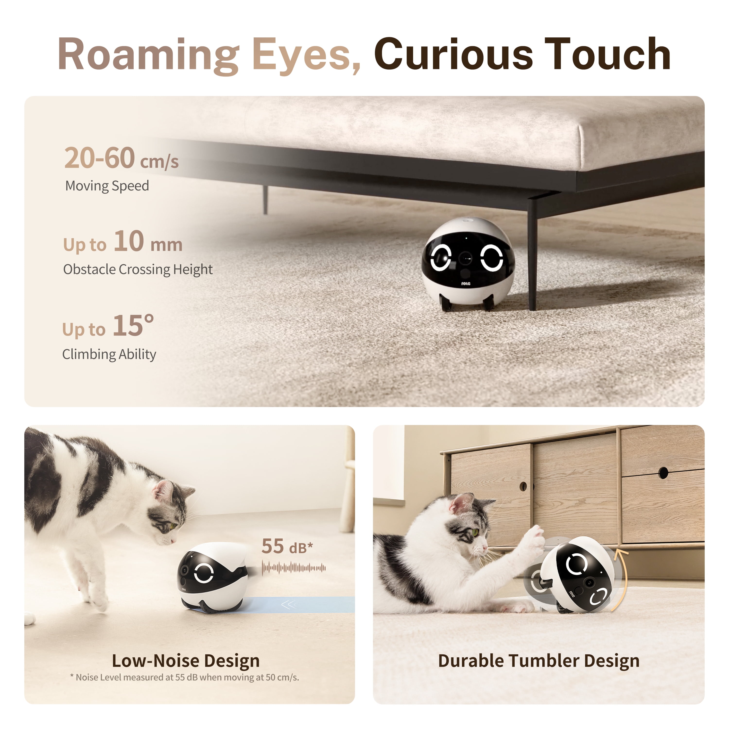Enabot ROLA Mini 2K Pet Camera Robot: Movable Indoor Camera Battery-Powered with Phone App, One-Touch Call, 2-Way Talk, IR Night Vision, Motion Detection, Video Recording