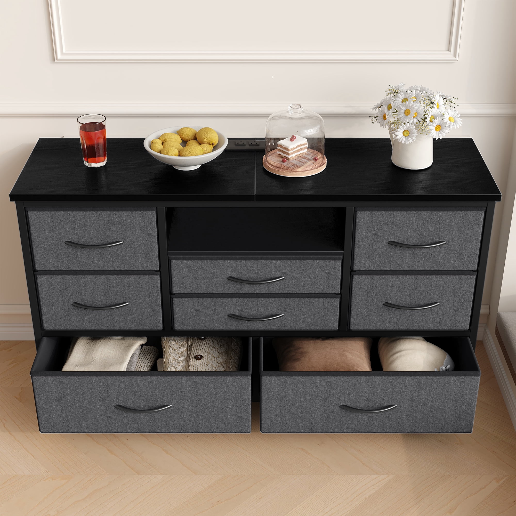 8 Dresser TV Stand with Power Outlet & LED for 55'' TV, Long Dresser for Bedroom with 8 Deep Drawers, Wide Console Table for Storage in Closet, Living Room, Entryway, Wood Top ,Grey