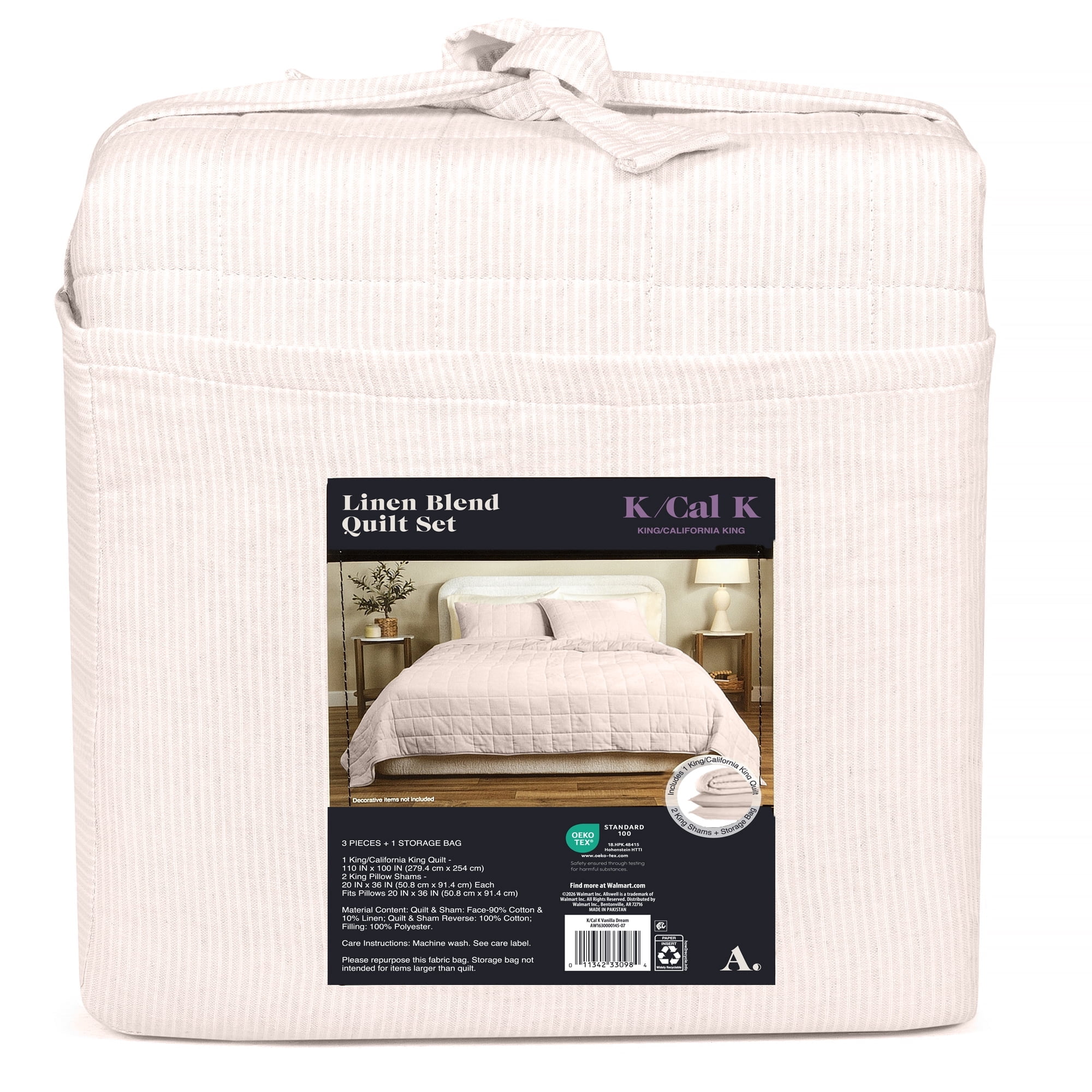 Allswell Linen Blend 3-Piece Quilt Set, Cream Glaze Stripe, King/California King