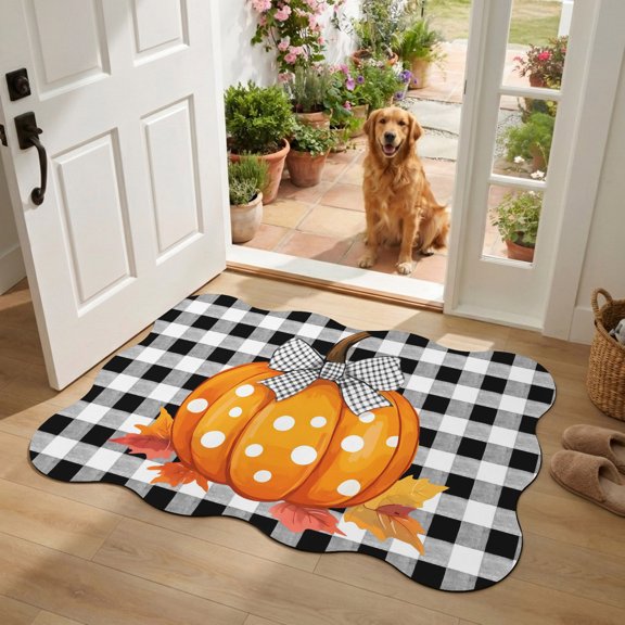 Scalloped Door Mat 20"x31.5",Fall Thanksgiving Pumpkins Absorbent Non Slip Front Door Mat,Autumn Maple Vintage Bow Plaid Diatomaceous Entryway Rug for Indoor Patio Laundry Room Kitchen Door Entrance