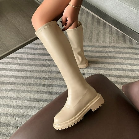 

Alueeu Women s Keen-High Boots Women s Pure Color Thick Soled Long Boots Autumn Round Toe Straight Warm Knight Boots