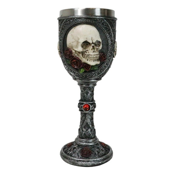 Love Never Dies Sugar Skull On Bed Of Red Roses Wine Goblet With Celtic Knotwork