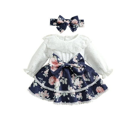 

Calsunbaby Kids Baby Girls Dress Headband Suit Long Sleeve Ruffled Flower Print Layered Dress Autumn Clothes White 12-18 Months