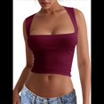 thumbnail image 2 of Tops Cortos Sin Mangas con Cuello Cuadrado para Mujer 2025, Bonitos Tops de Tirantes Y2K de Doble Capa, Sin Costuras y Ajustados Rojo Vino S, 2 of 8