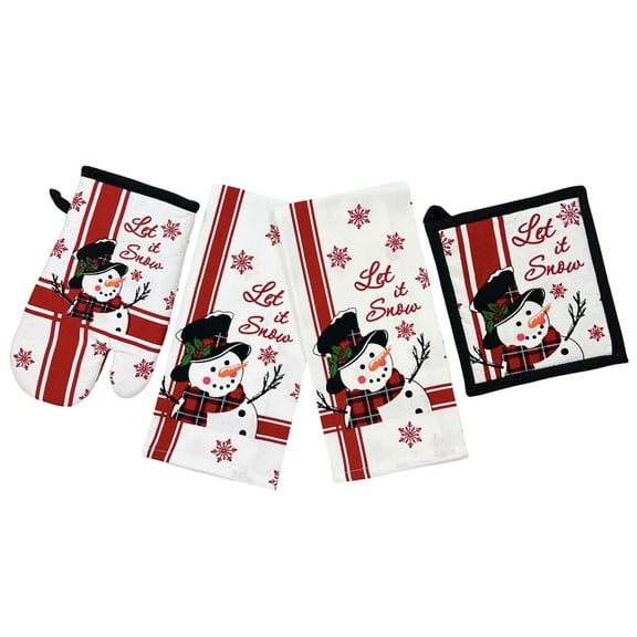 Serafina Home Holiday Christmas Kitchen Towels Pot Holder Set: Winter Cotton Towels with Snowman Print, Pot Holder Oven Mitt