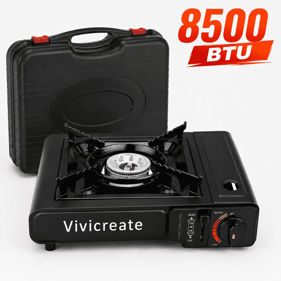 Vivicreate Portable Butane Camping Stove, Single Burner Gas Cooker with Carrying Case, Black, for Camping and Outdoor Cooking