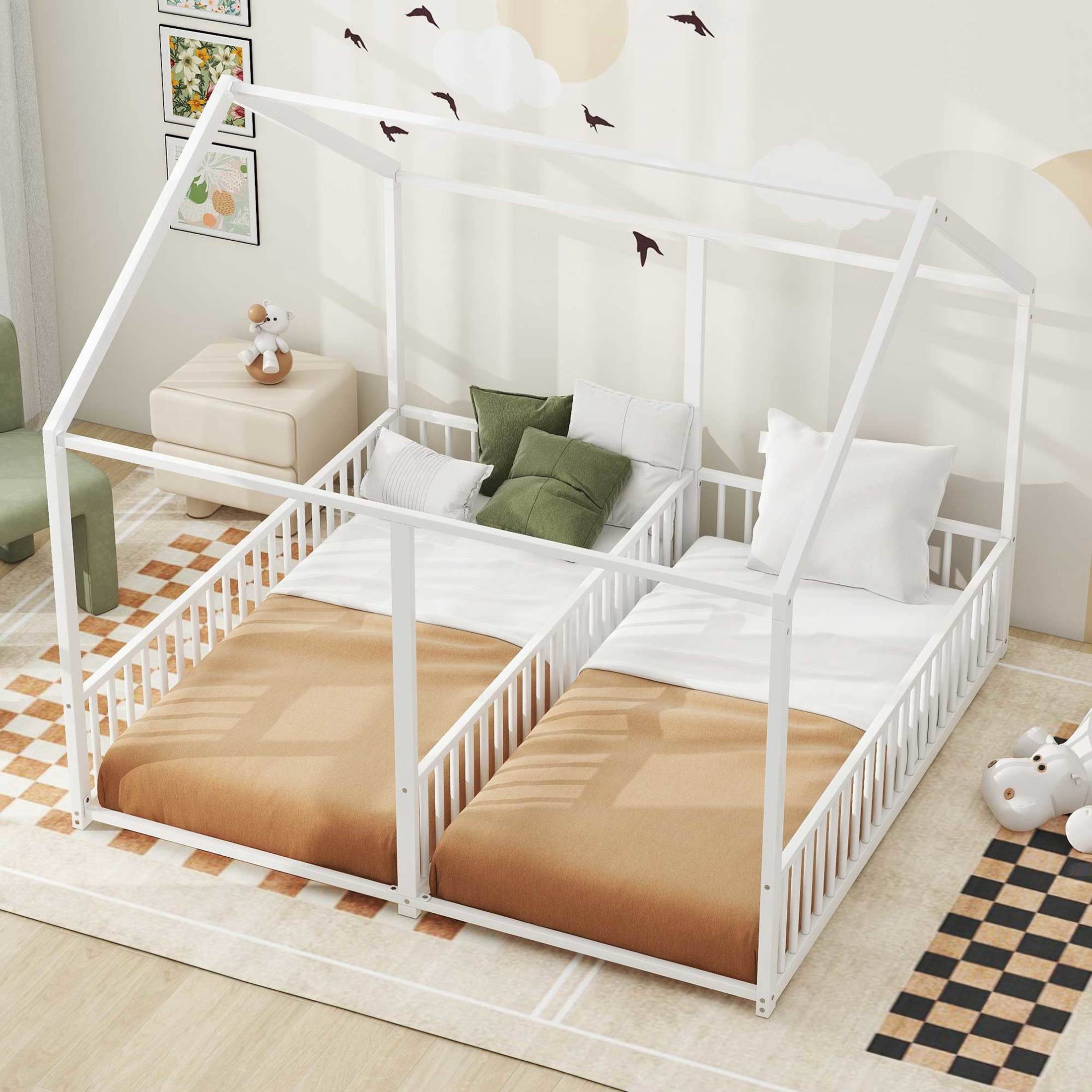 Noble House Twin Shared Metal House Bed, 2-in-1 Side-by-Side Platform Frame, Space Saving Design for Twins, White