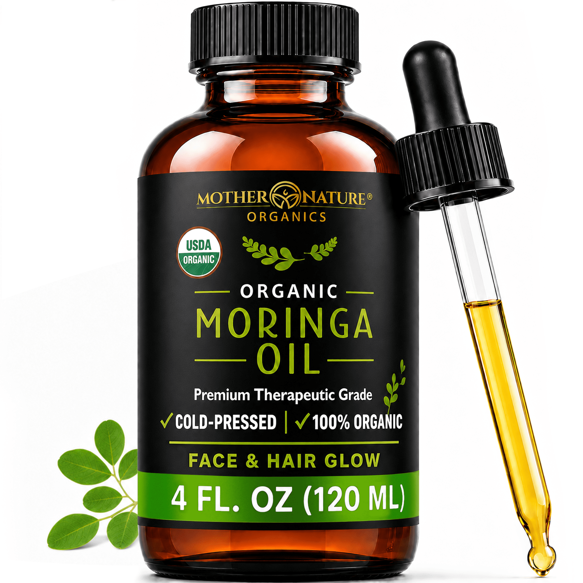 Mother Nature Organics USDA Organic Moringa Oil, 100% Pure Cold-Pressed, Natural Face, Hair & Body Moisturizer, 4 fl oz