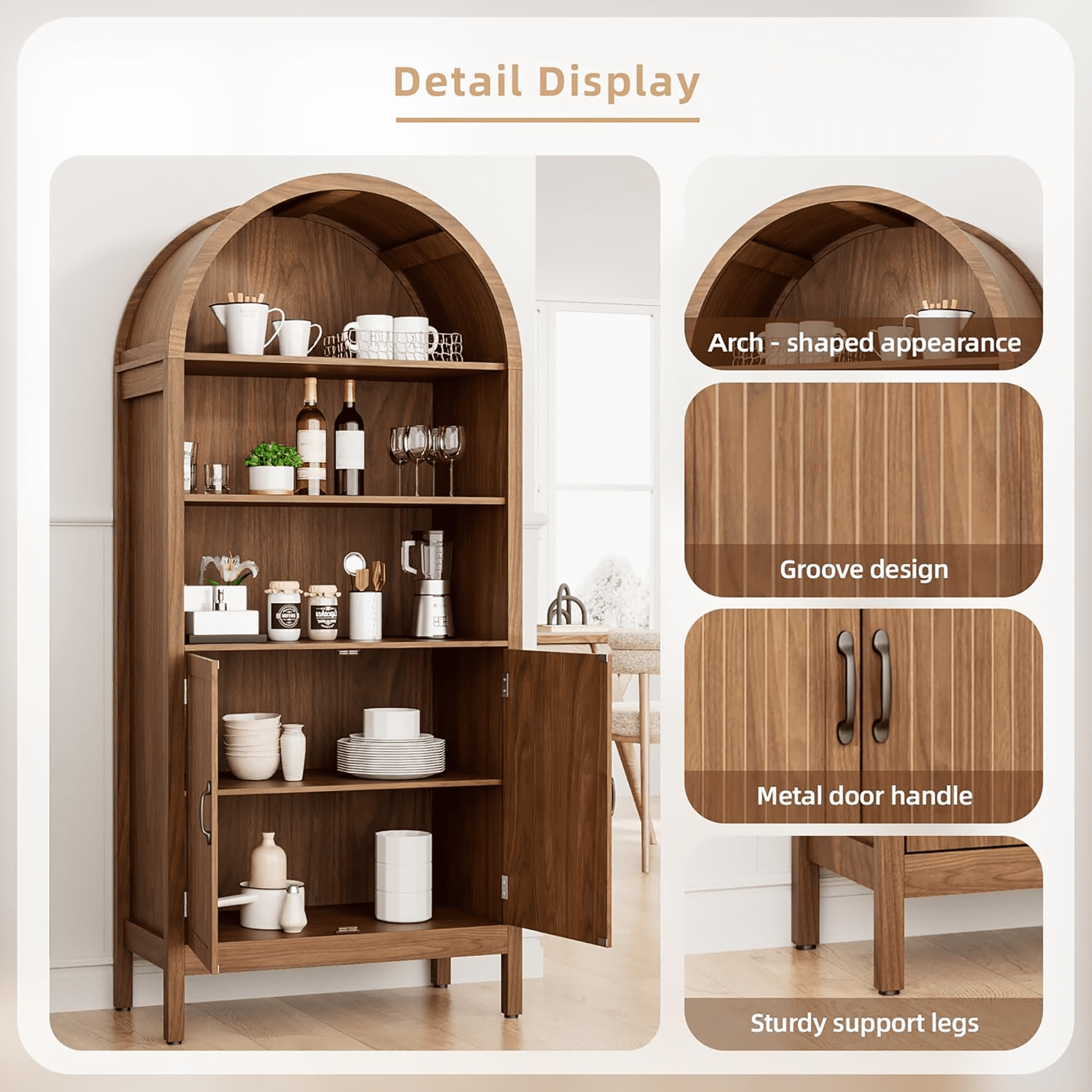 Oubayajia 70.9" Tall Storage Cabinet, Arched Kitchen Cupboard with with Fluted Doors for Living Dining Room, Walnut