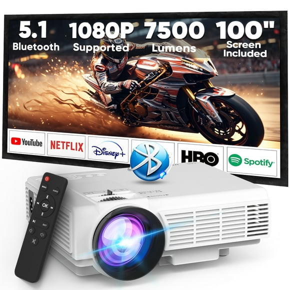 Mini Projecteur Vidéo Portable avec Bluetooth, 7500Lumens Full HD 1080P Pris en Charge, Écran de Projecteur de 100" Inclus