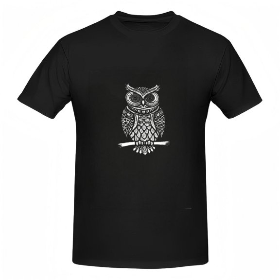 Stylish Women's Cotton Short Sleeve T-Shirt with Intricate White Owl Design Minimalist Art on Black Tee Modern Elegance