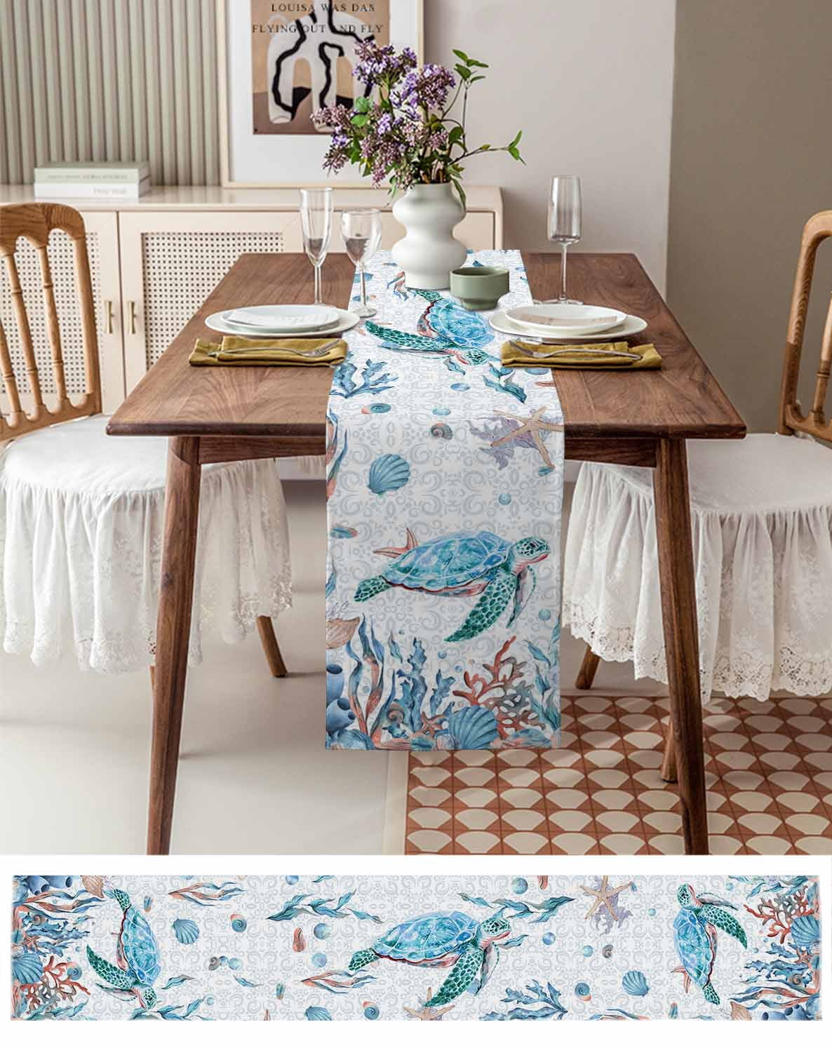 Table Runner Dresser Scarf 13 x 36 Inch Summer Turtle Seashell Coral Starfish Seaweed Colorful Ocean Table Runners Non-Slip Heat Kitchen Dining Table Decor for Indoor Outdoor Home Party Decoration