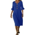 thumbnail image 5 of DYTTDG Women's V-Neck Button Down Midi Dress, Casual Loose Fit Ruffle Short Sleeve Tunic Dress with Pockets, 5 of 8