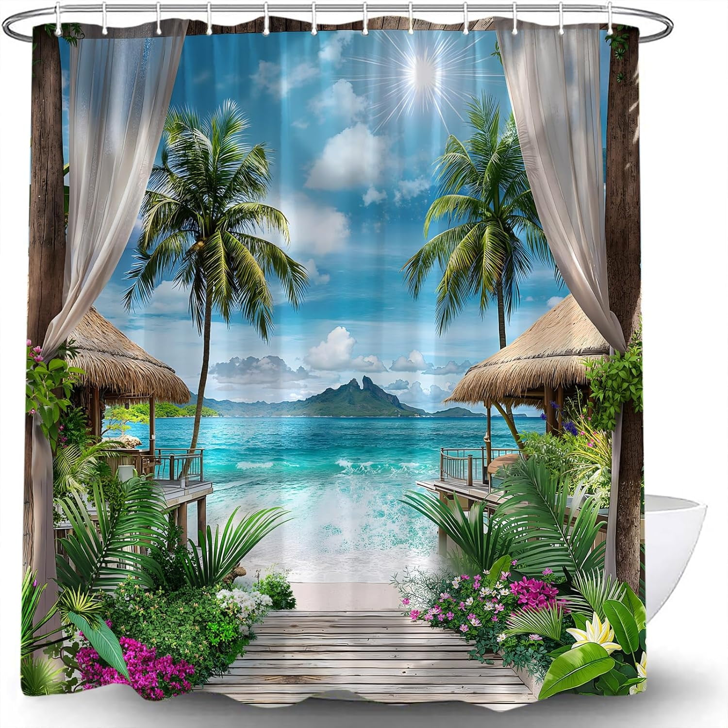 Ocean Beach Shower Curtain Tropical Summer Palm Tree Leaves Blue Sky Sea Wave Hawaii Vacation Seaside Island Landscape Natural Scenery Windows Fabric Bath Curtain with Hook-72"W x 72"L (Pack of 1)