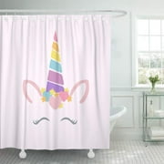 SUTTOM Baby Blue Rainbow Happy Unicorn Face Colorful Horn Cartoon Shower Curtain 66x72 inch