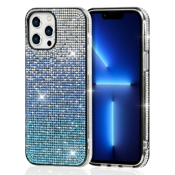KIQ iPhone 13 Pro Case, Gradient Glitter Womens Phone Case Cover TPU Bumper Skin (Blue)