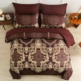 thumbnail image 3 of 7 Pieces Burgundy Comforter Set King Size, Damask Bed in a Bag for King Bed, Lightweight Microfiber Boho Bedding Sets with Comforter, Sheet, Pillowcases & Shams for All Season(90"x104"), 3 of 9