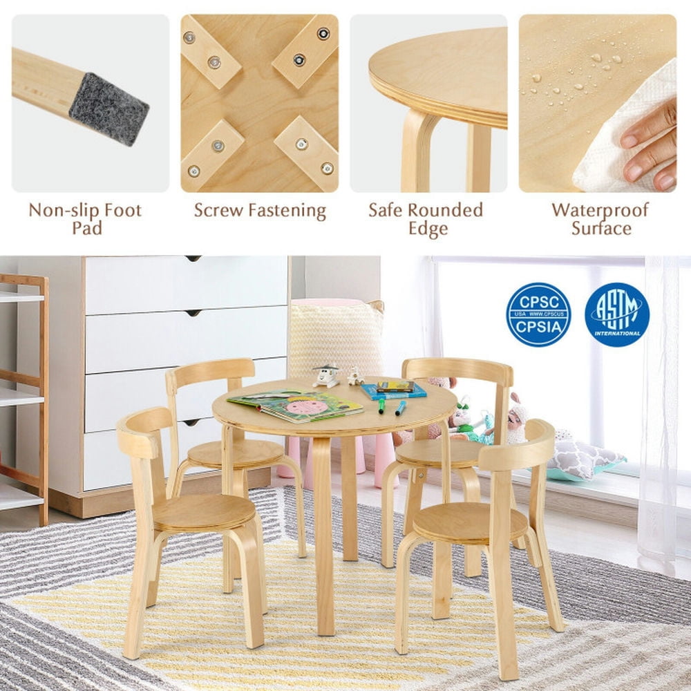 Resenkos 5-Piece Kids Wooden Curved Back Activity Table and Chair Set with Toy Bricks-Natural, Small Folding Table for Arts & Crafts, Snack Time, Homeschooling, Homework