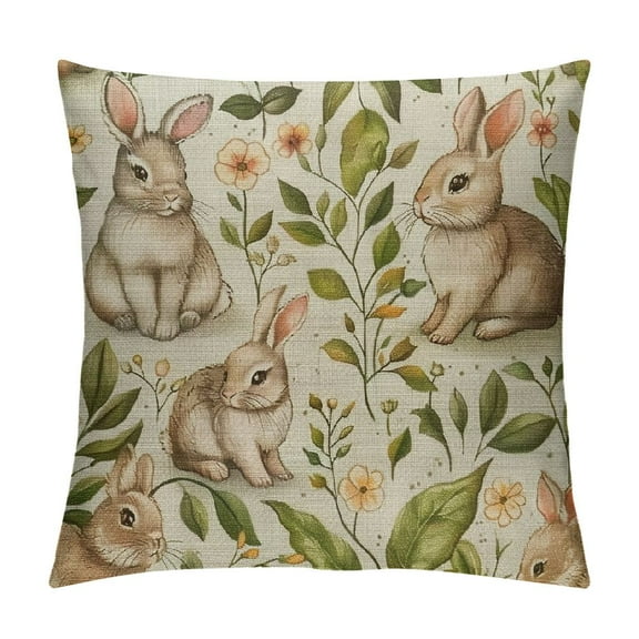 Spring Easter Pillow Covers Pack of  Bunny Floral Leaf Throw Pillow Covers Outdoor Indoor,Spring Holiday Decor Rabbit Pillowcase Farmhouse Decorative Linen Cushion Case for Home Sofa