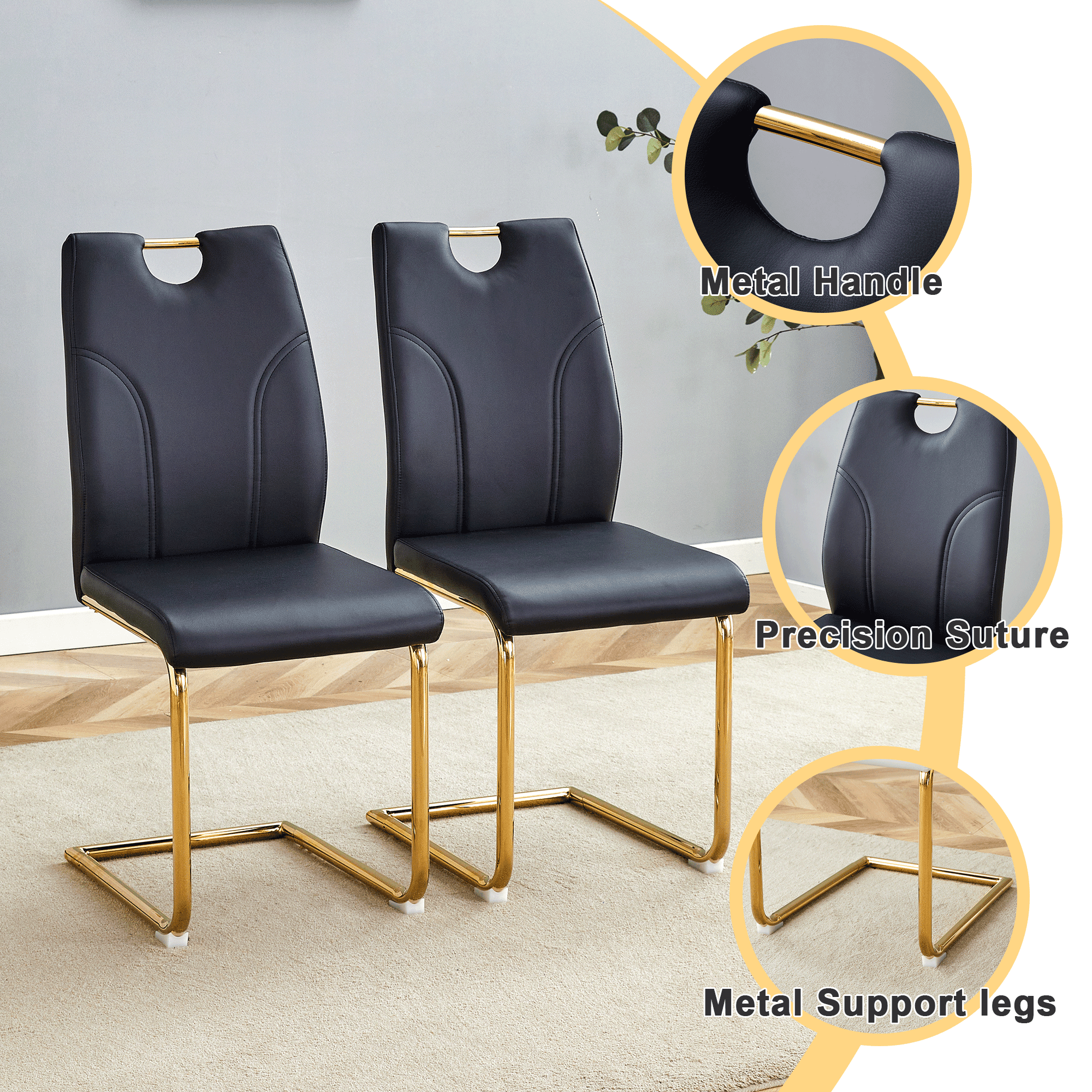 NYEESS Set of 4 Black PU Dining Chairs with Gold Metal Legs, Modern Upholstered Seating for Kitchen or Office