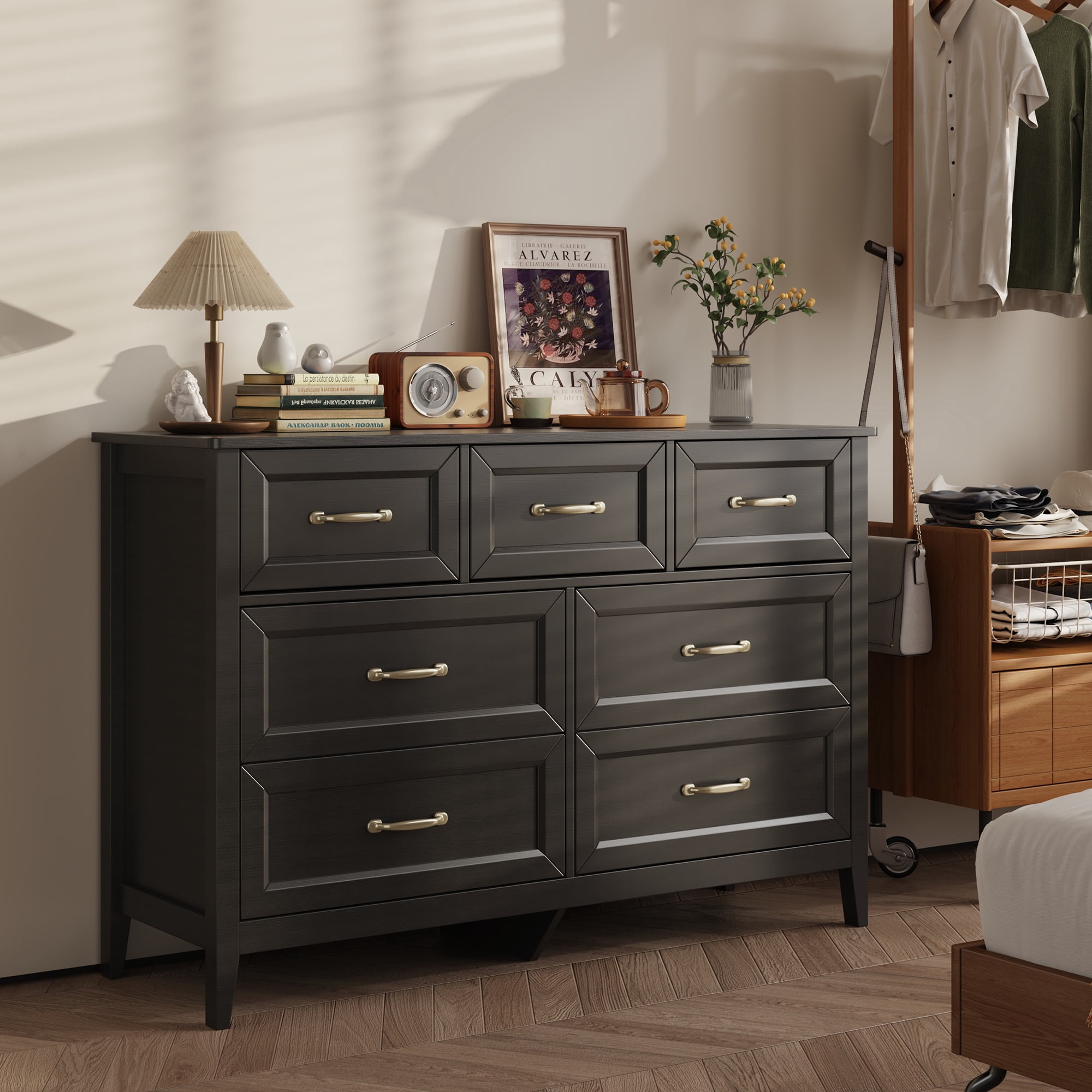 Aiho 7-Drawer Double Dresser - Modern Wood Chest with Anti-Tip Safety, Cutout Handles & Smooth Gliding Drawers, Black