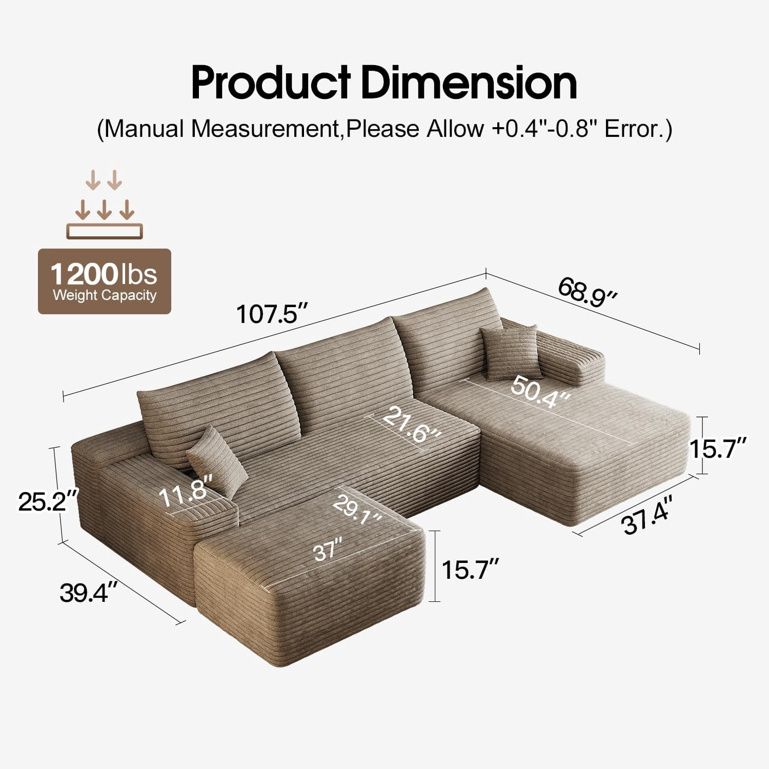 Sailvan 107" Cloud Sectional Couch, Cloudy Sofa with L-Shape Chaise & Ottoman, Upholstered Couches for Living Room & Bedroom, No Assembly Required, Plush Corduroy Fabric, Camel