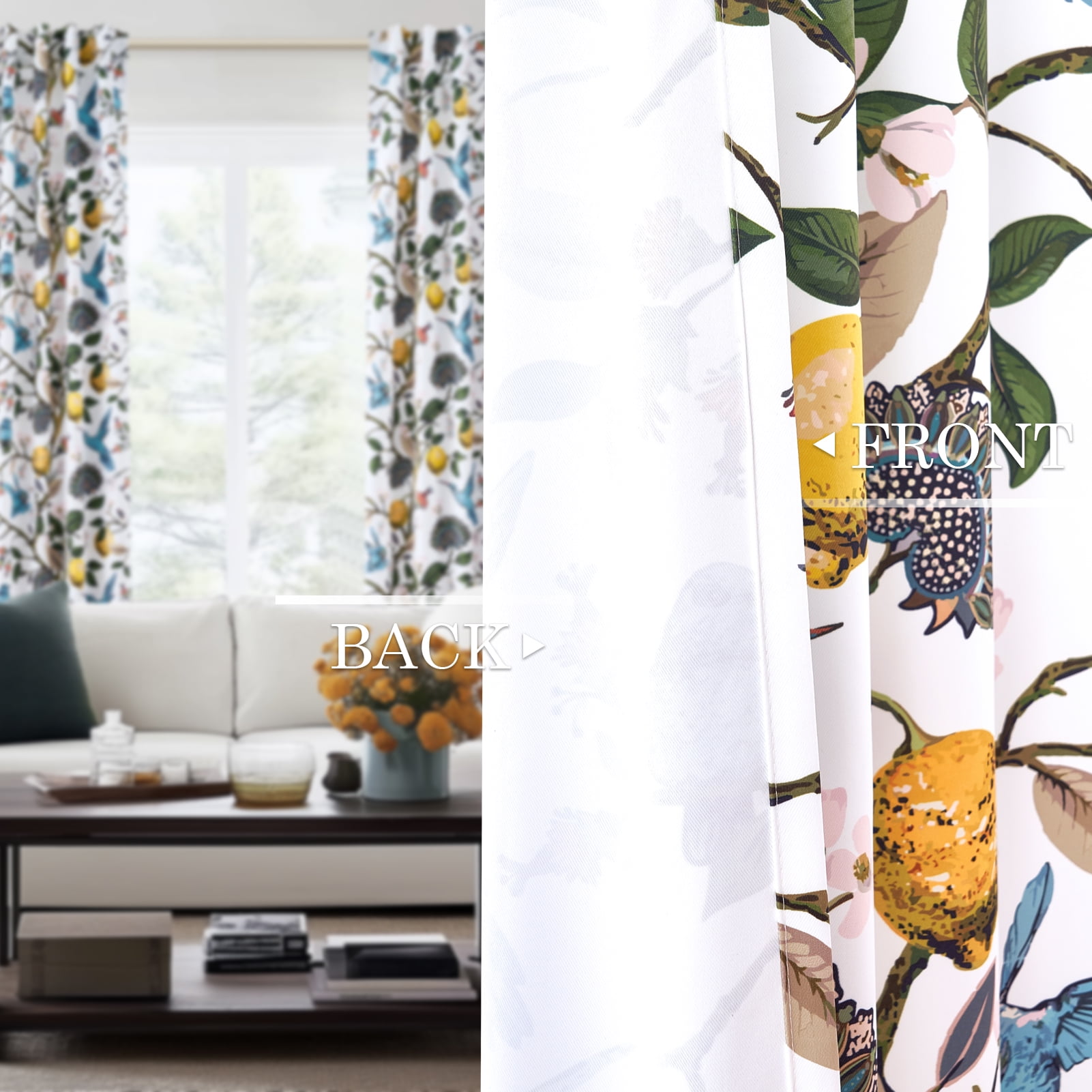 Topfinel Fancy Hummingbird Patterned Curtain,White Curtains for Living Room, Thermal Insulated Blackout Curtains for Bedroom, Floral Vintage Lemon Curtains 84 inch Length 2 Panels Set