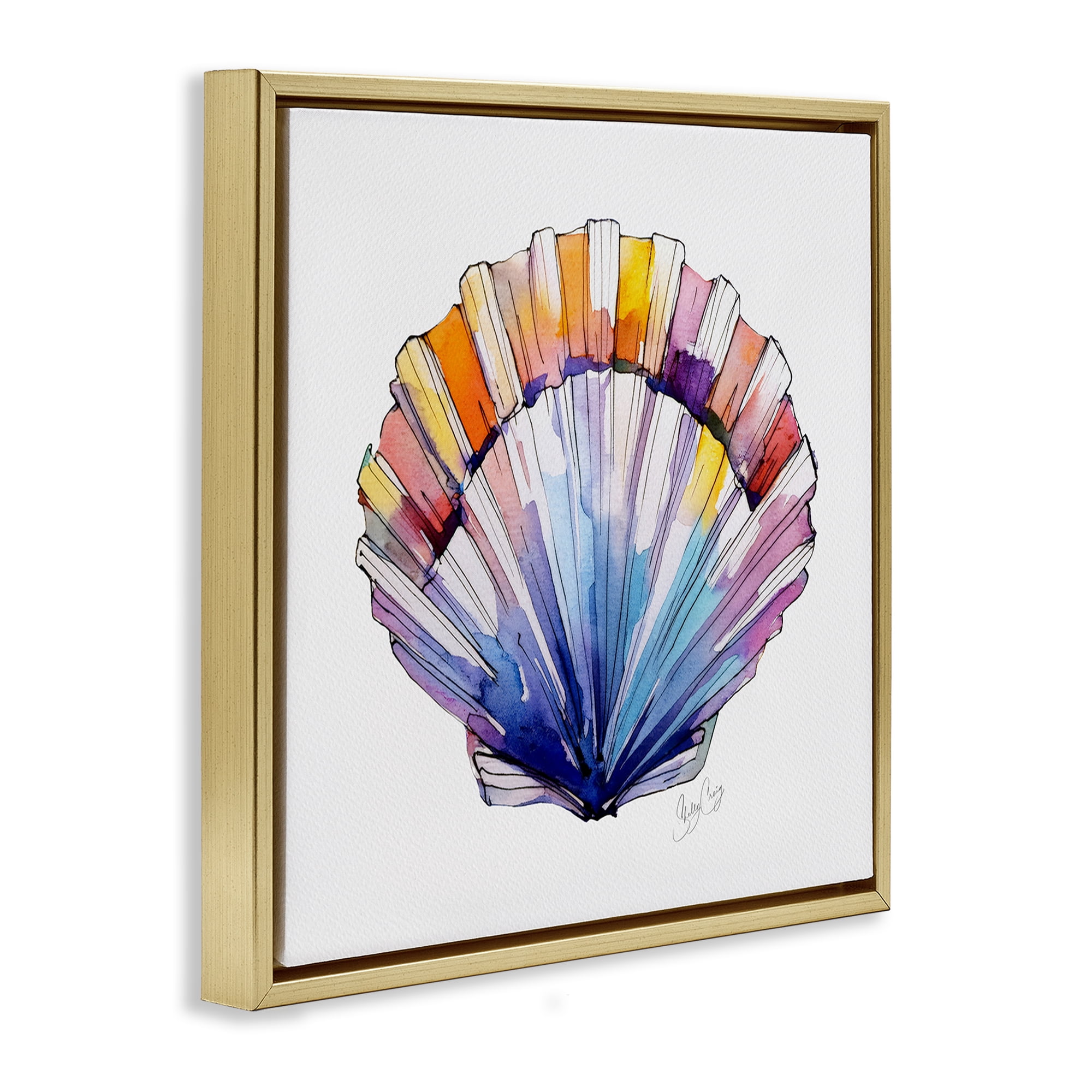 Stupell Industries Coastal Scallop Watercolor Gold Framed Floater Canvas Wall Art, design by Shelly Craig