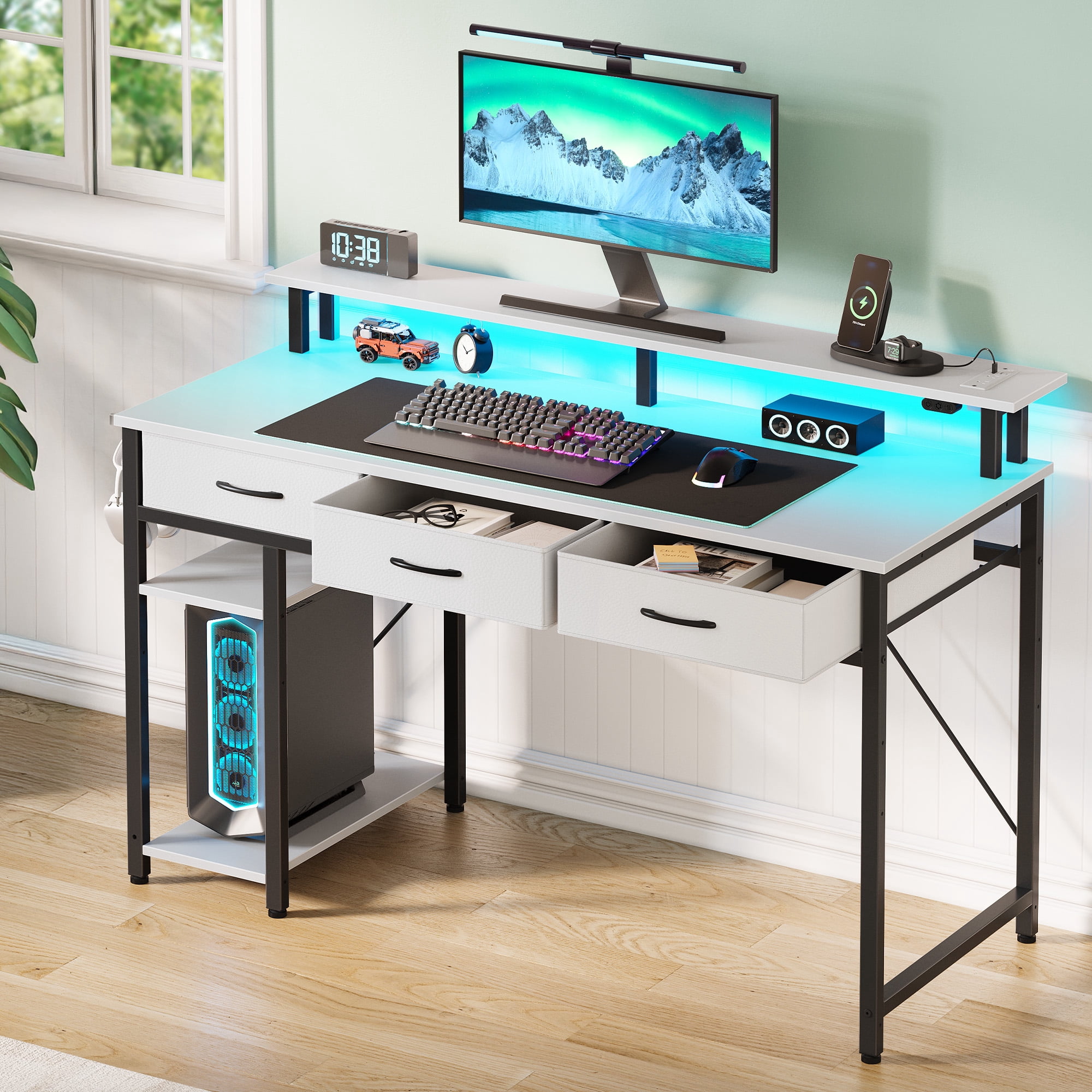 Greenstell 39" Computer Desk with Built-in Outlets & LED, 3-Drawer Office Desk with Monitor Stand, White