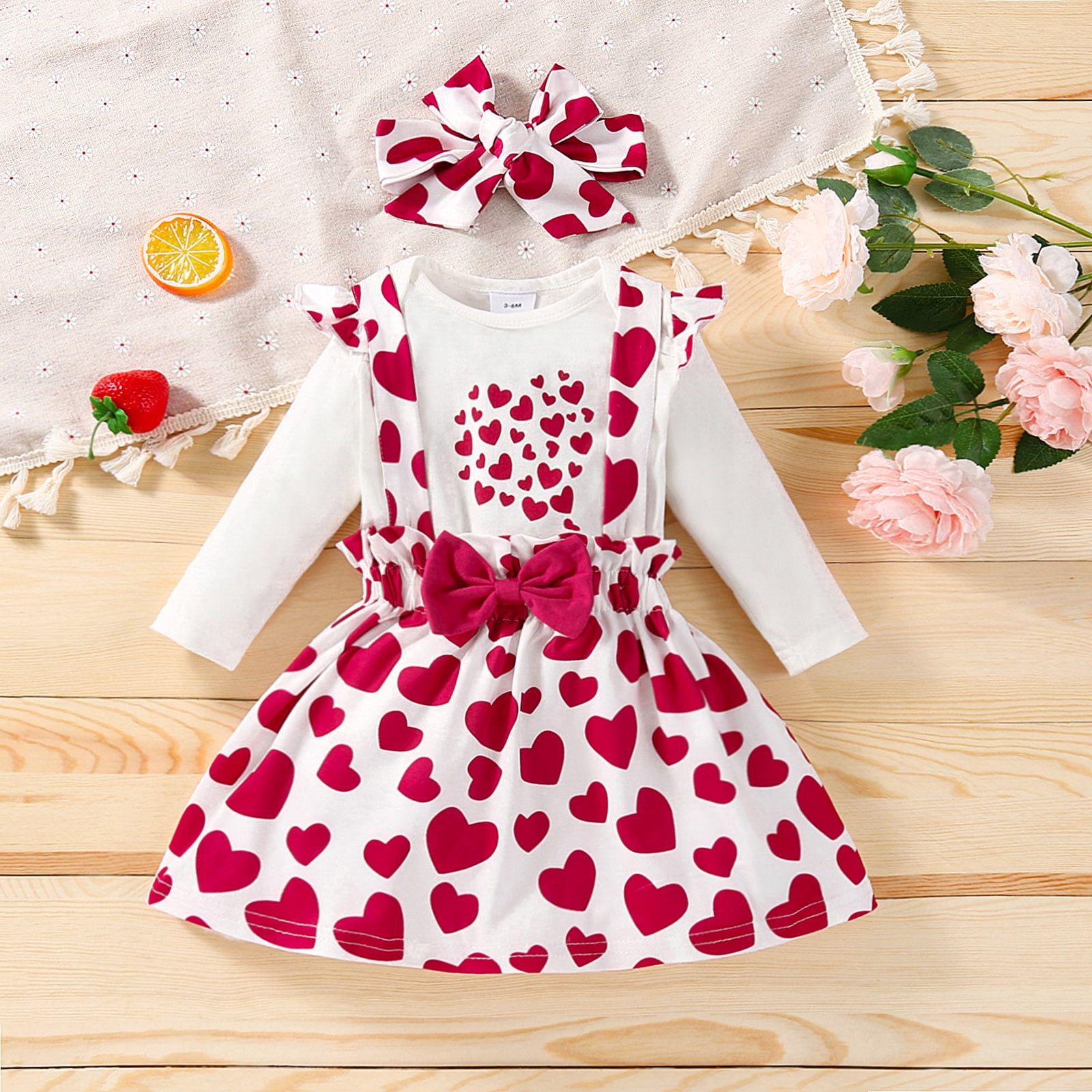 Opperiaya 3Pcs Newborn Baby Girls Sweet Cute Autumn Clothes Set Love Heart Print Long Sleeve O neck Romper Suspender Skirt Headband 0 18 Months