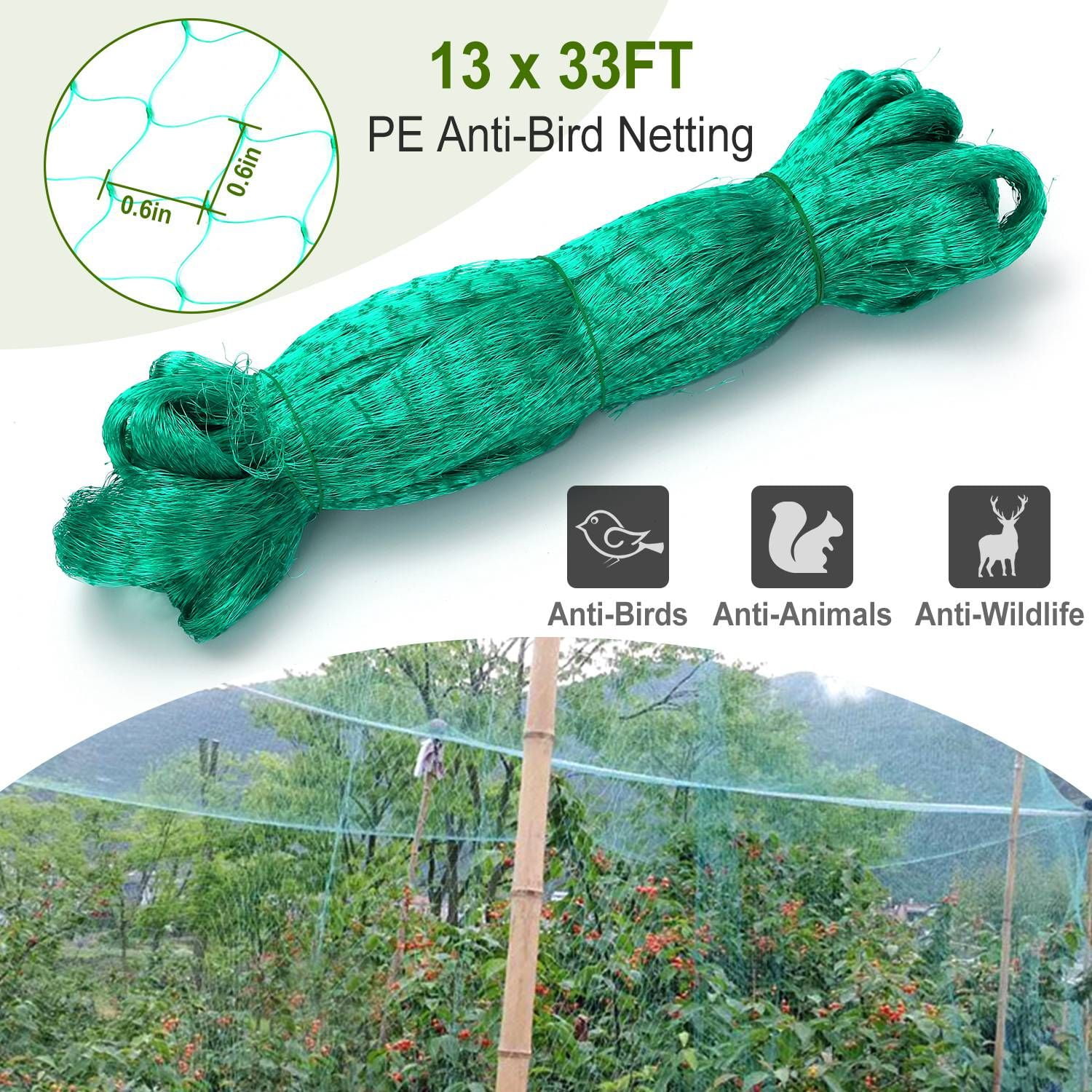 13x33ft Heavy-Duty PE Garden Netting, 430sqft Bird and Animal Protection, 0.6in x 0.6in Mesh, UV-Resistant, Multi-Purpose for Plants