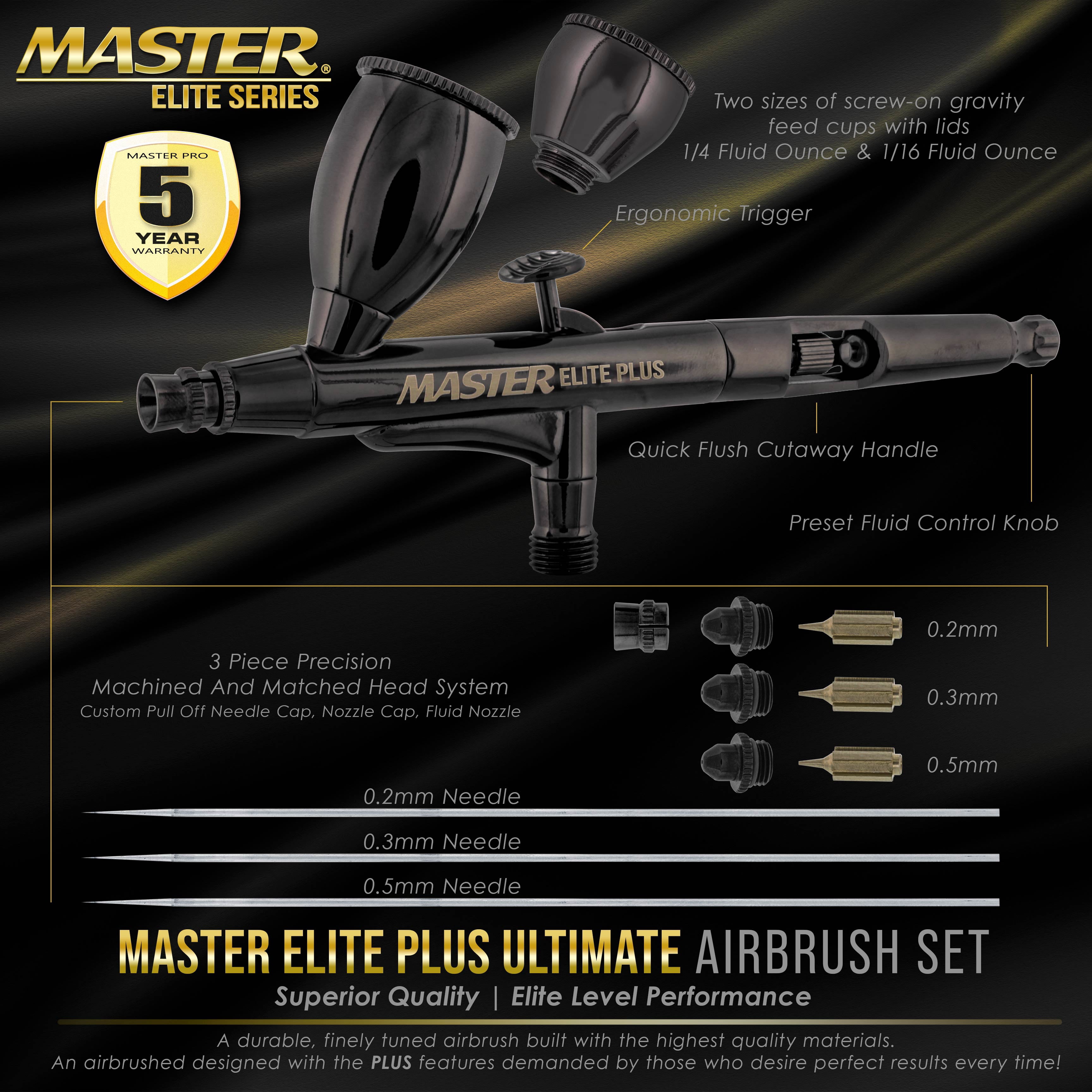 Master Elite Plus Ultimate Airbrush Set, Model 120 - Elite Level Spray Performance Dual-Action Gravity Feed Airbrush Kit with 3 Tips 0.2, 0.3 and 0.5 mm, 2 Cups, Filter, Case - Auto Art Cake