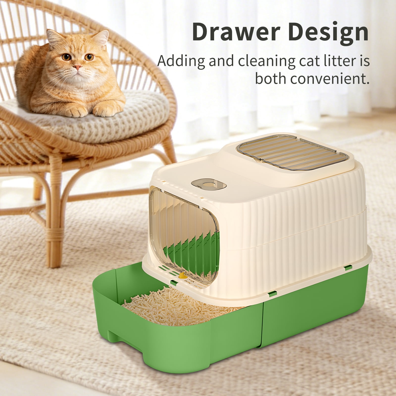 Green Fully Enclosed Cat Litter Box, Drawer Type Odor-Locking Litter Pan with Anti-Splash Design, Easy Clean Removable Cat Litter Tray for Cats of All Sizes, Multi-Cat Household