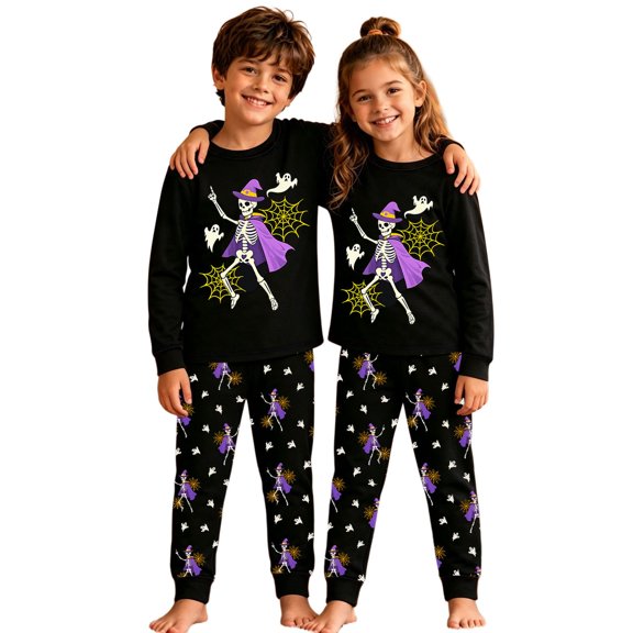 Halloween Pajamsa Sets Skeleton Print Home Wear Outfits Set 2pcs Long Sleeve Top Matching Pants Cozy Fall Winter Sleepwear