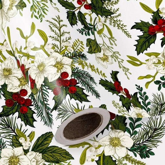 AUR Christmas Wrapping Paper - Mini Roll - 17 Inch x 16.5 Feet - White Floral Wrapping Paper with Green Leaves and Red Berries for Xmas Holiday, Party Celebration