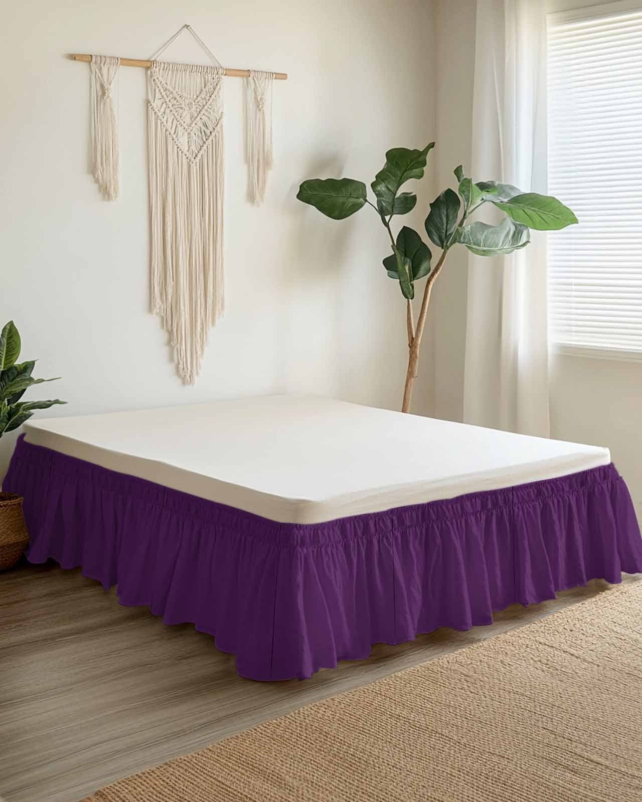 Solid Color Bed Skirt Queen Size 16" Drop Purple Ruffled Wrap Around Bed Skirts Adjustable Elastic Bedskirt Dust Ruffle for Queen Size Bed