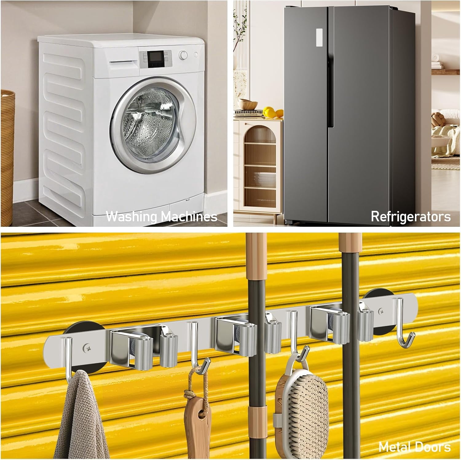 Heavy-Duty Magnetic Storage Rack for Brooms and Mops, Wall-Mounted Non-Slip Holder, Strong Hooks Hanging Tools