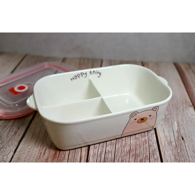 Microwavable Ceramic Bento Box With Seal Rectangular Shape With Dividers 