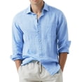thumbnail image 2 of Solid Color Linen Dress Shirts for Men, Rollable Long Sleeve Pocket Blouse, Wrinkle Textured Linen Material for Travel Business Casual and Resort Outfits Blue XXXL, 2 of 7