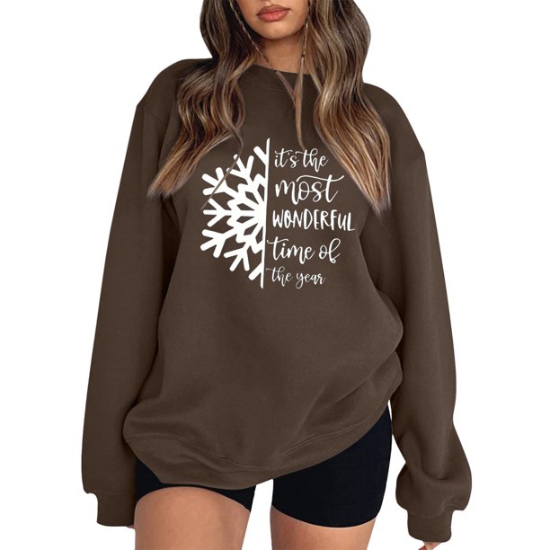 Gibobby Sudaderas para mujer navidad Sudadera con capucha estampada navideña holgada para mujer con mangas hasta los hombros(Café,XG)