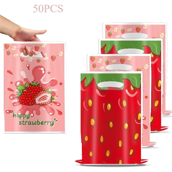 50pcs Strawberry Gifts Bags Plastic Candy Goodies Bags Shortcake Party Favors with Handles（9.84 X 6.5in）