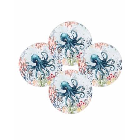Round Placemats Set of 4 Octopus Place Mats Washable Woven Placemat Ocean Marine Life Starfish Turtle Coral Seaweed Circle Braided Table Mat for Kitchen Dining Table Party Home Decor 15 Inch