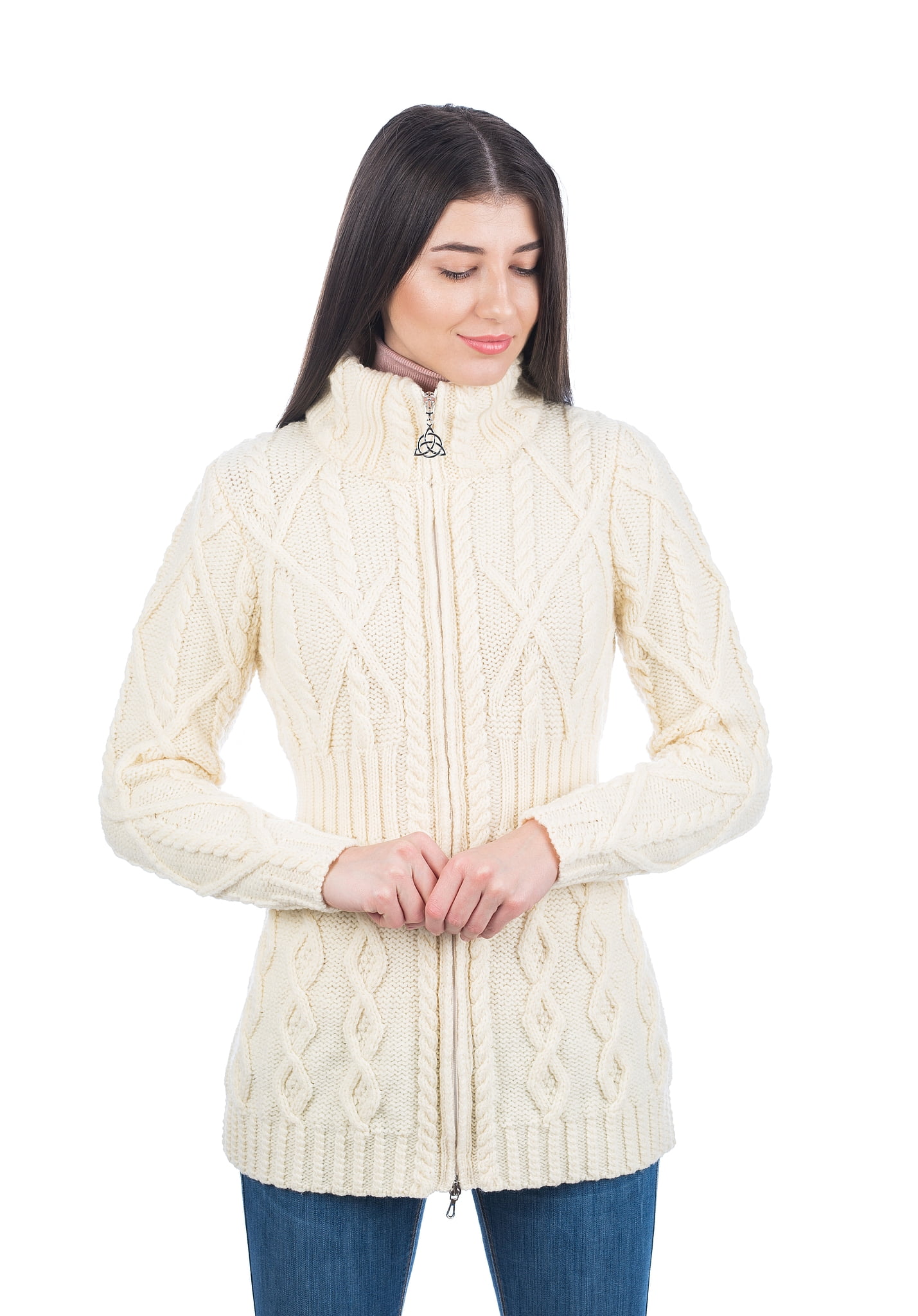 SAOL Ladies Cardigan Sweater 100 Merino Wool Women Cable Knit Full Zip Irish Coat Walmart