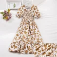 thumbnail image 4 of 2023 Summer Fragmented Flower Dresses for Women Short Sleeve Pleated Square Neck Elastic Dress Bohemian Womens Dresses for Beach, 4 of 4