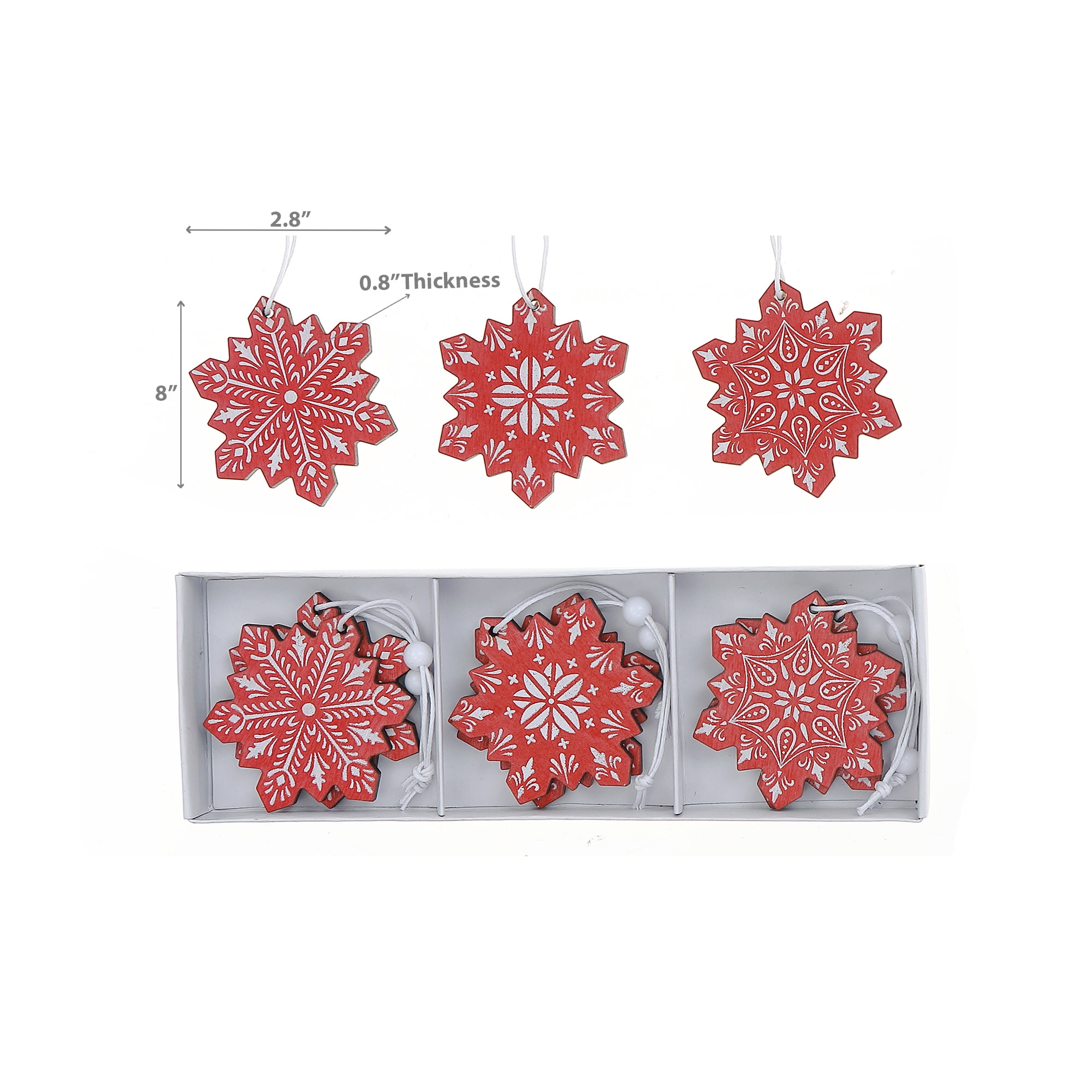 12Pk Red And White Wooden Snowflake Ornaments (Asstd) - Set of 2