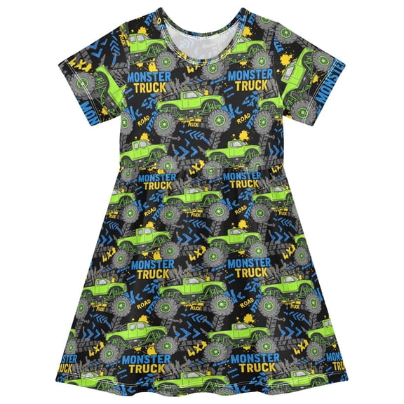 Monster Truck Short Sleeve Dress A-Line Cute Midi Casual Sundress 2-8 Years