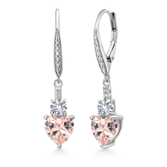 Gem Stone King 925 Sterling Silver Peach Nano Morganite White Created Sapphire and White Lab Grown Diamond Drop Dangle Earrings for Women (3.03 Cttw, Heart Shape 7MM, Round 4MM)