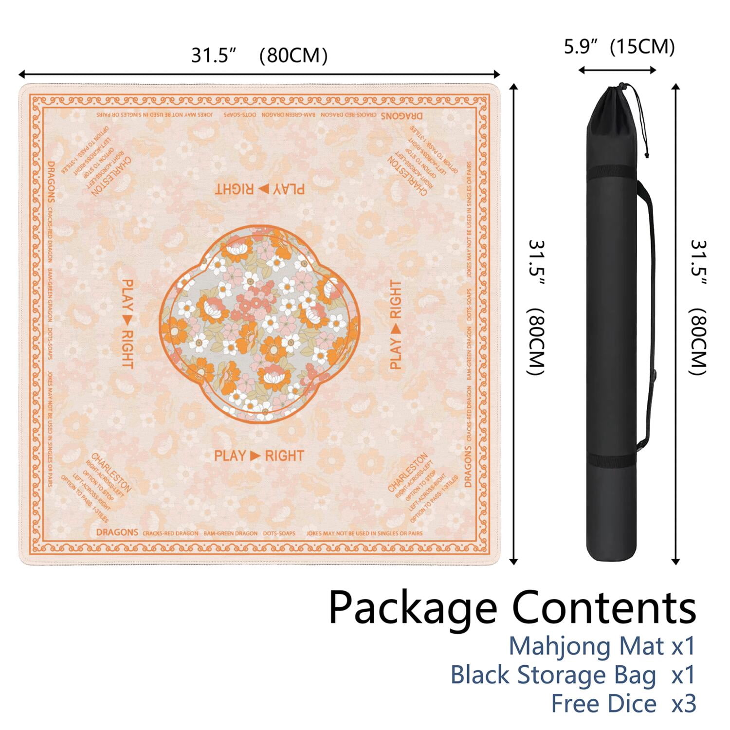 Floral Mahjong Mat with Rules, 31.5*31.5in Anti Slip American Mahjong Mat for Table, Noise Reduction, Neoprene Mah jongg Mats with Carrying Bag & 3 Dices, Mahjong Supplies Gift, Board Tile Games Mats